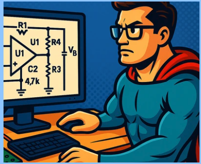 Comic-style engineer at a computer showing an op-amp circuit schematic