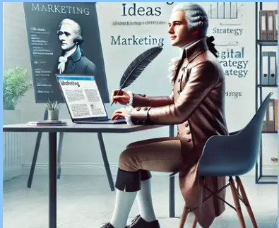 Illustration of a colonial-era figure writing marketing content on a laptop with a quill pen