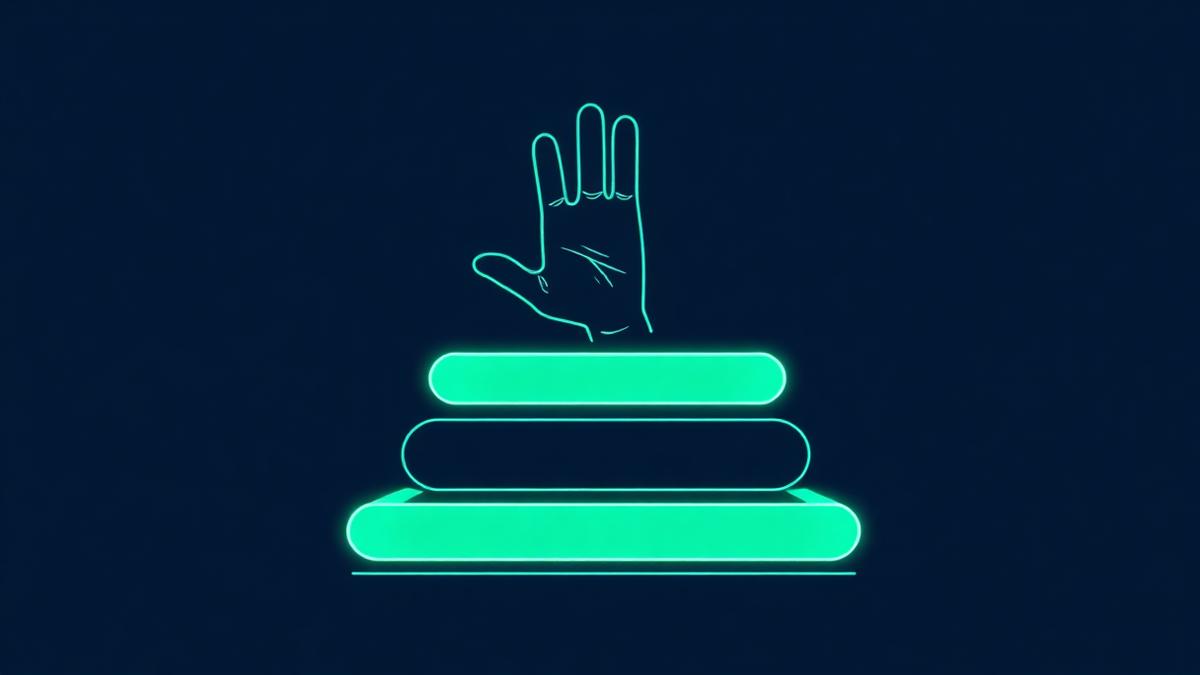 Human hand reviewing layered AI-generated content blocks